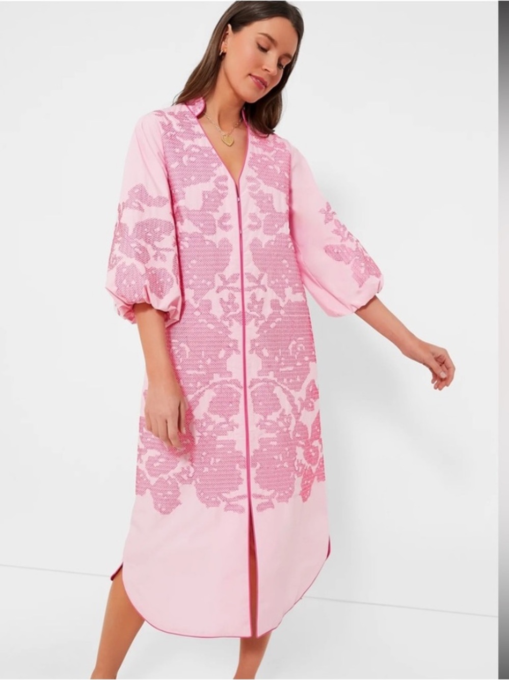 Tuckernuck Pink Floral-Embroidered Caftan Dress